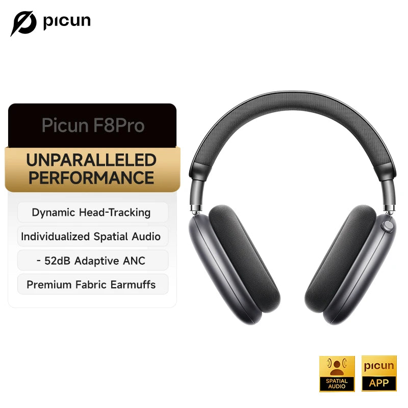 Picun F8 Pro ANC Wireless Headphones Head Tracking 3D Spatial Audio -52dB ANC HIFI Bluetooth Headset ENC HD Mic Low-Latency APP