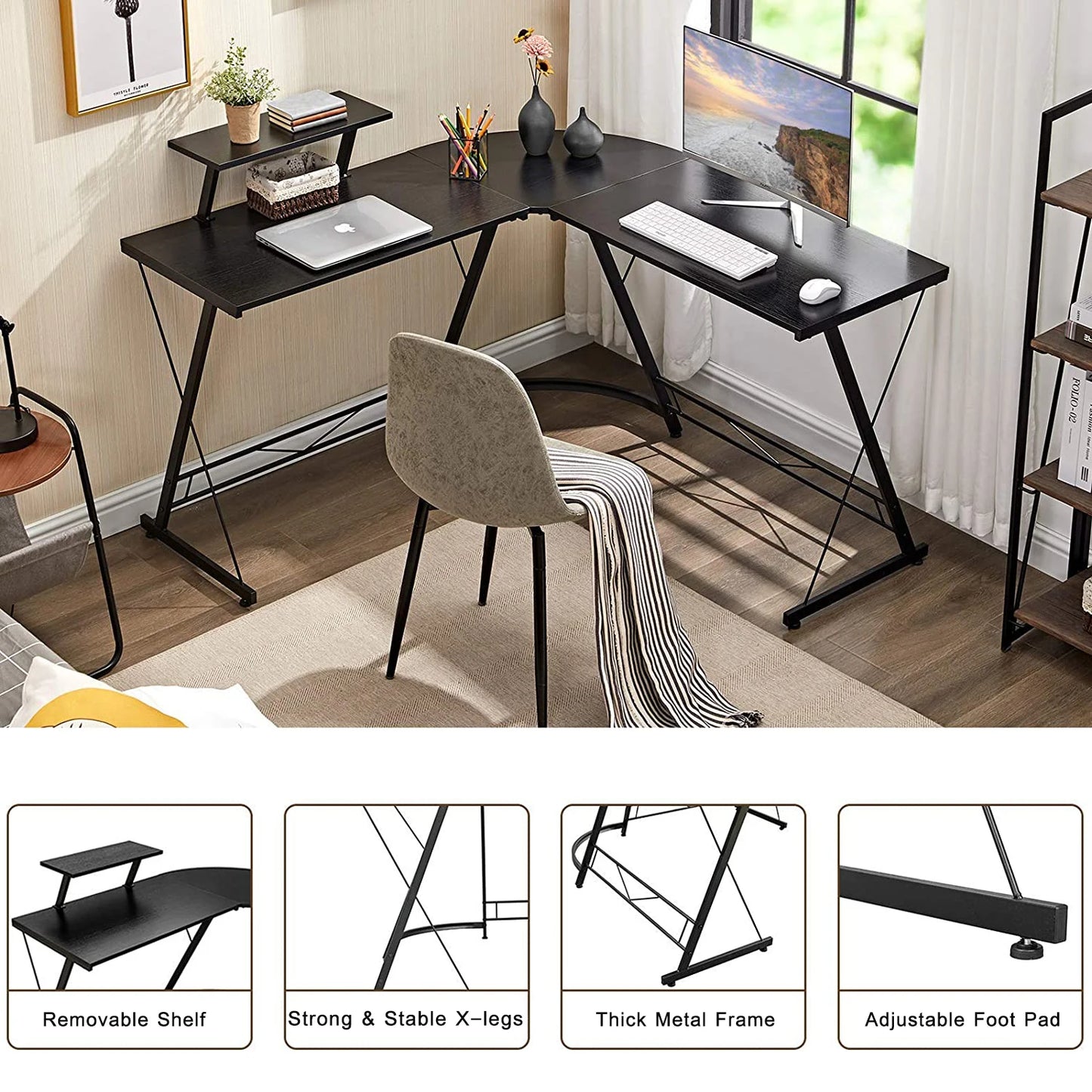 Computer Gaming Desk L Shaped Corner Table Home PC Laptop Desktop, Office Writing Workstation with Large Monitor Stand