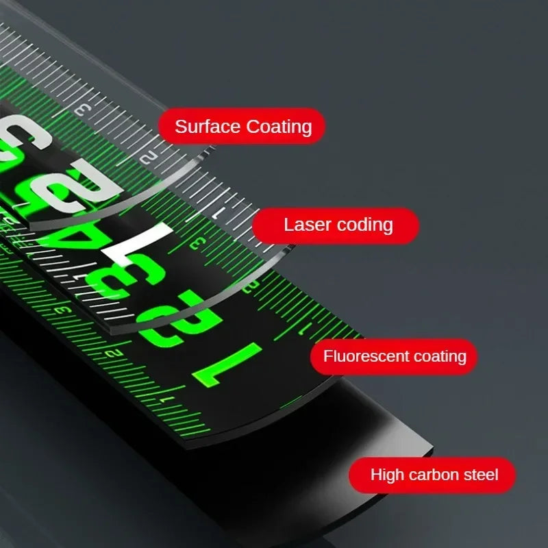 1/5 قطعة شريط قياس فولاذي فلوري ذاتي القفل عالي الدقة بالليزر والحبر النفاث ومسطرة مربعة أداة قياس مسطرة مترية