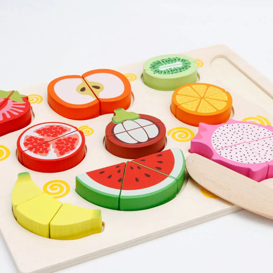 2 Sets of Wooden Magnetic Puzzles, Educational Toys for Kids, Sliceable Fruits & Vegetables, Kitchen Games with Cutting Boards