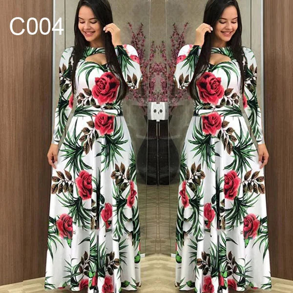 Spring /Autumn Fashion Flower Long Sleeved O-Neck Hollow Slim Fit Dress Women Elegant Long Vestido Maxi Clothes Robe Sexy Femme