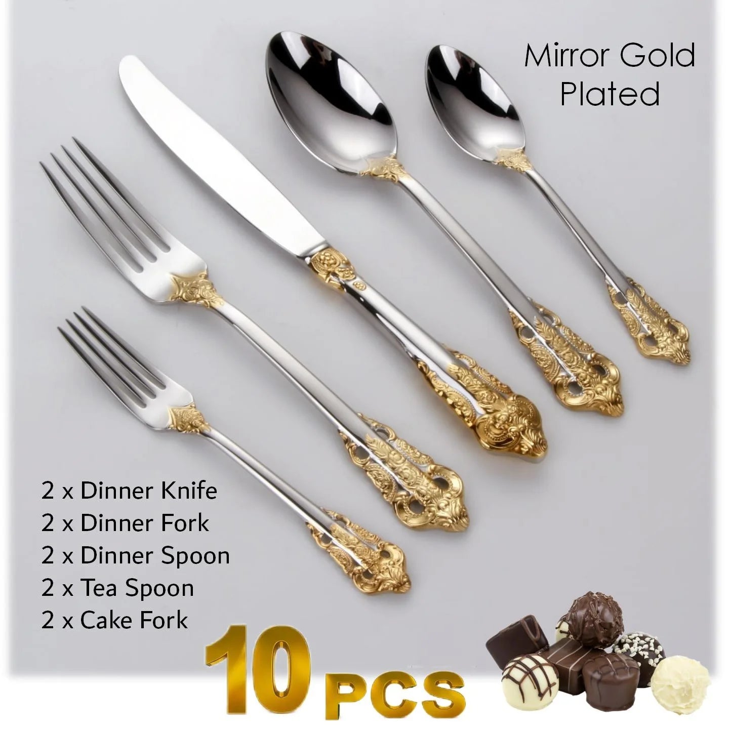 Gorgeous Gold-Plated Cutlery Set 5/10/15/20/25/30 PCS Luxury Stainless Steel Flatware Set Baroque Hollow Handle Dinner Knife