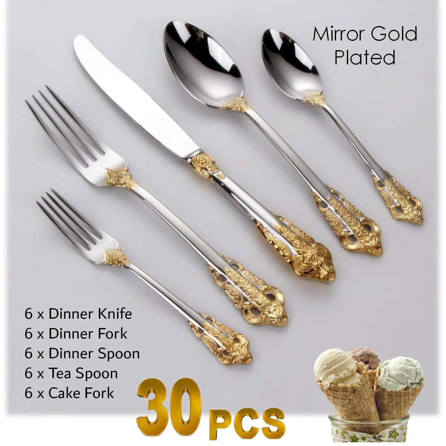 Gorgeous Gold-Plated Cutlery Set 5/10/15/20/25/30 PCS Luxury Stainless Steel Flatware Set Baroque Hollow Handle Dinner Knife