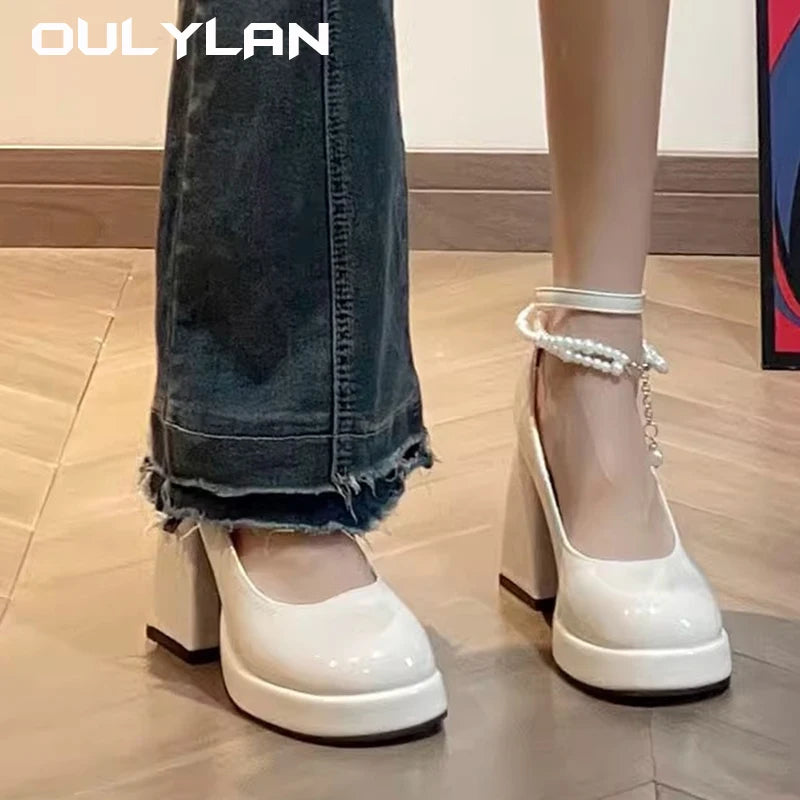 Oulylan New Ladies High Heels Elegant Toe Black High Heels Fashion Thick Heel Wedding Party Pearl Lace Wedding Shoe