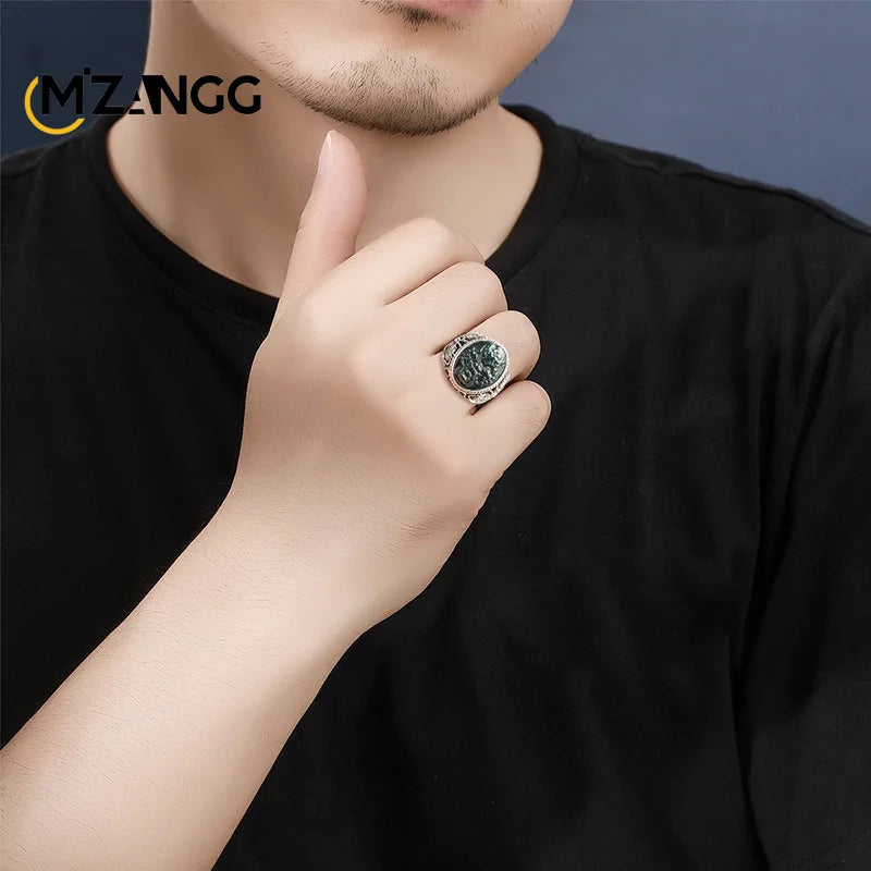 S925 Silver Inlaid with Natural JadeiteDragon Head Ring Exquisite Fashion Adjustable Ink Jadeite Vintage Finger Ring Men's Gifts