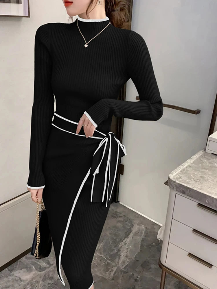 2024 Women Knitted Dress Autumn Winter New Slim Lace-Up Long Sleeve Bottoming Sweater Skirt Elegant Fashion Office Female Skirt