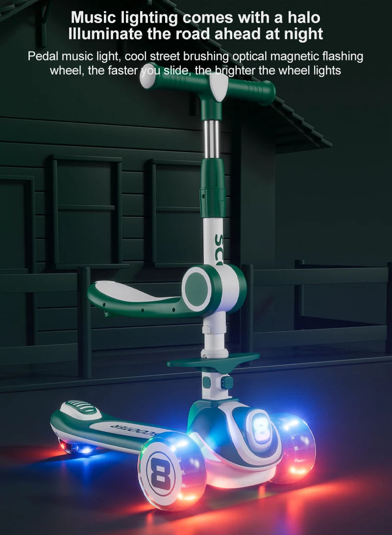 Three-in-one Children's Scooter Can Sit And Ride Led Light Flashing Wheel, Adjustable Height Foldable Scooter Removable