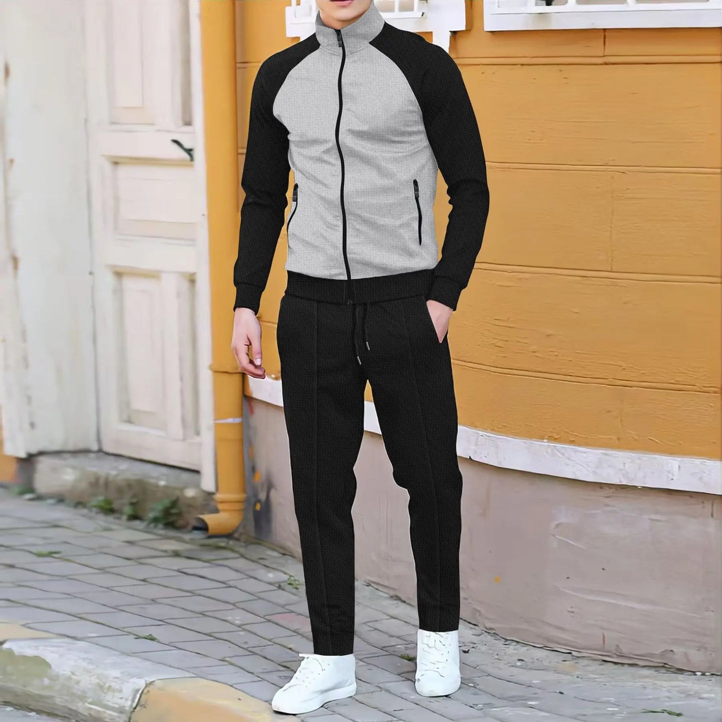 Spring and autumn men's casual suit fashion color contrast with rotator sleeve high neck jacket + trousers casual outdoor sports