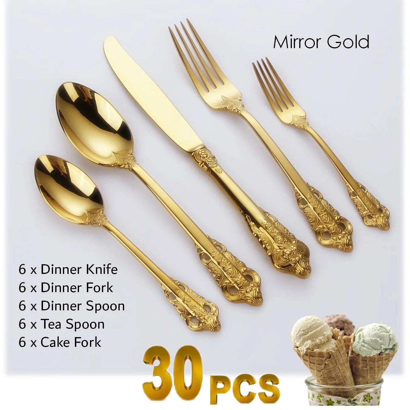 Gorgeous Gold-Plated Cutlery Set 5/10/15/20/25/30 PCS Luxury Stainless Steel Flatware Set Baroque Hollow Handle Dinner Knife