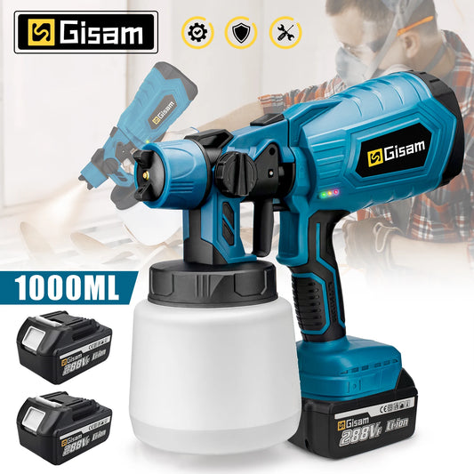 Gisam 1000ML Electric Spray Gun Home Cordless Paint Sprayer HVLP Auto Furniture Steel Coating Airbrush For Makita 18V Battery