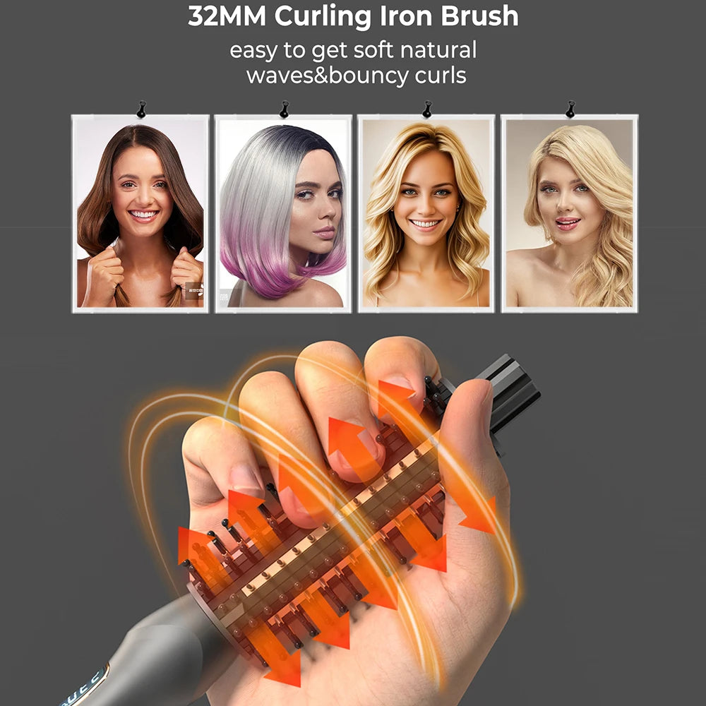 Heated Curling Brush 3-In-1 Ceramic Ionic Hair Curler Straightener Anti-Scald Round Brush Electric Curl Wand 32mm Curling Comb