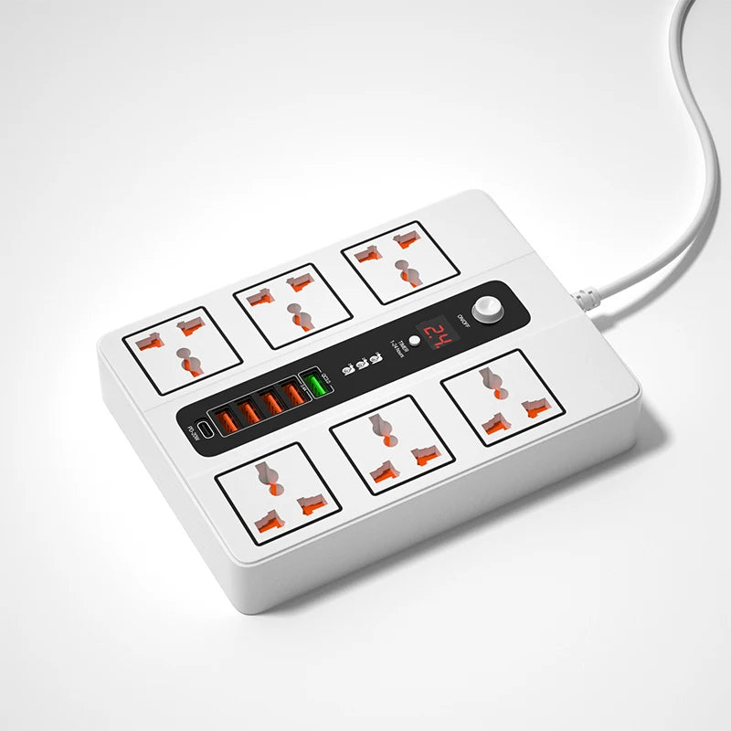 6 Port USB Charger With 6 AC Outlets 3000W Power Strip, PD 20W QC3.0 Quick Charge Type C Charging Station For iPhone 13 12 11 X