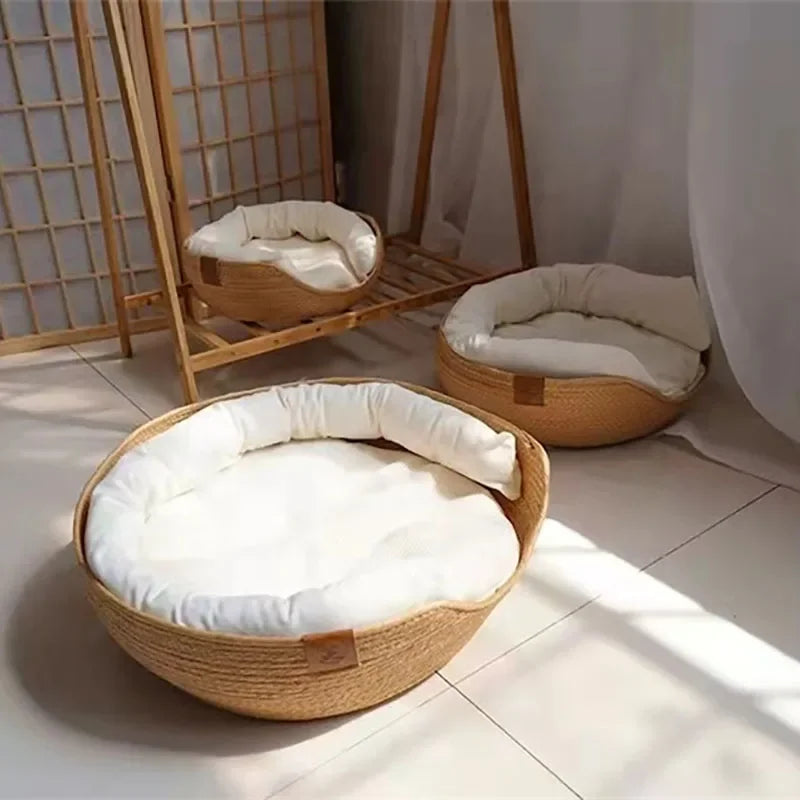 Pet Bed Cat Mat Kennel Dog Beds Sofa Bamboo Weaving Four Season Cozy Nest Baskets Waterproof Removable Cushion Sleeping Bag Toys