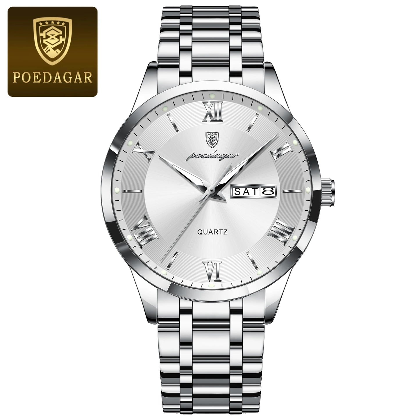 POEDAGAR Luxury Fashion Men Clock Waterproof Luminous Date Week Man Wristwatch Sports Stainless Steel Quartz Men's Watches Reloj