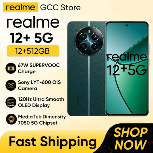 realme 12+ 5G شاشة 6.67 بوصة 120 هرتز 12+512 جيجا بايت هاتف ذكي 5000 مللي أمبير 67 واط شحن SUPERVOOC 50 ميجا بكسل كاميرا Sony LYT-600 OIS Portrait Master