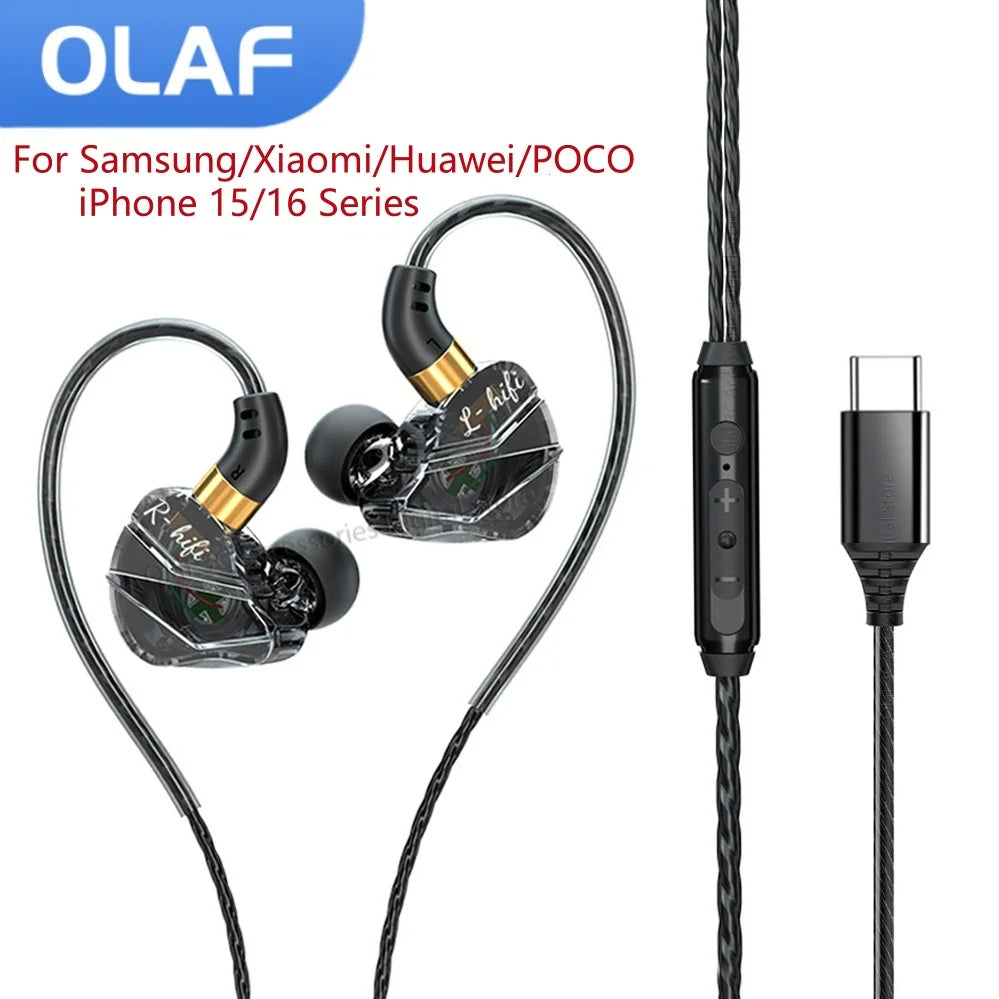 سماعات أذن OLAF DAC Type C سلكية بمنفذ USB C وسماعات رأس للألعاب وكابل سماعات أذن من النوع C بدون استخدام اليدين لهاتف iPhone16 15 Samsung S23 Xiaomi