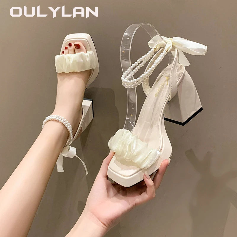 Sandalias for 2024 New Fashion Pearl Sandals Comfortable Shoes Women Female Block Heel Arrival Chunky Sexy Hight Heels