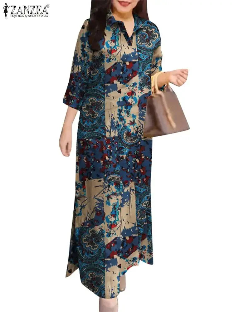 ZANZEA Women 3/4 Sleeve Long Dresses Fall 2024 Fashion Lapel Neck Cotton Shirtdress Vintage Floral Print Maxi Shirt Dress New In