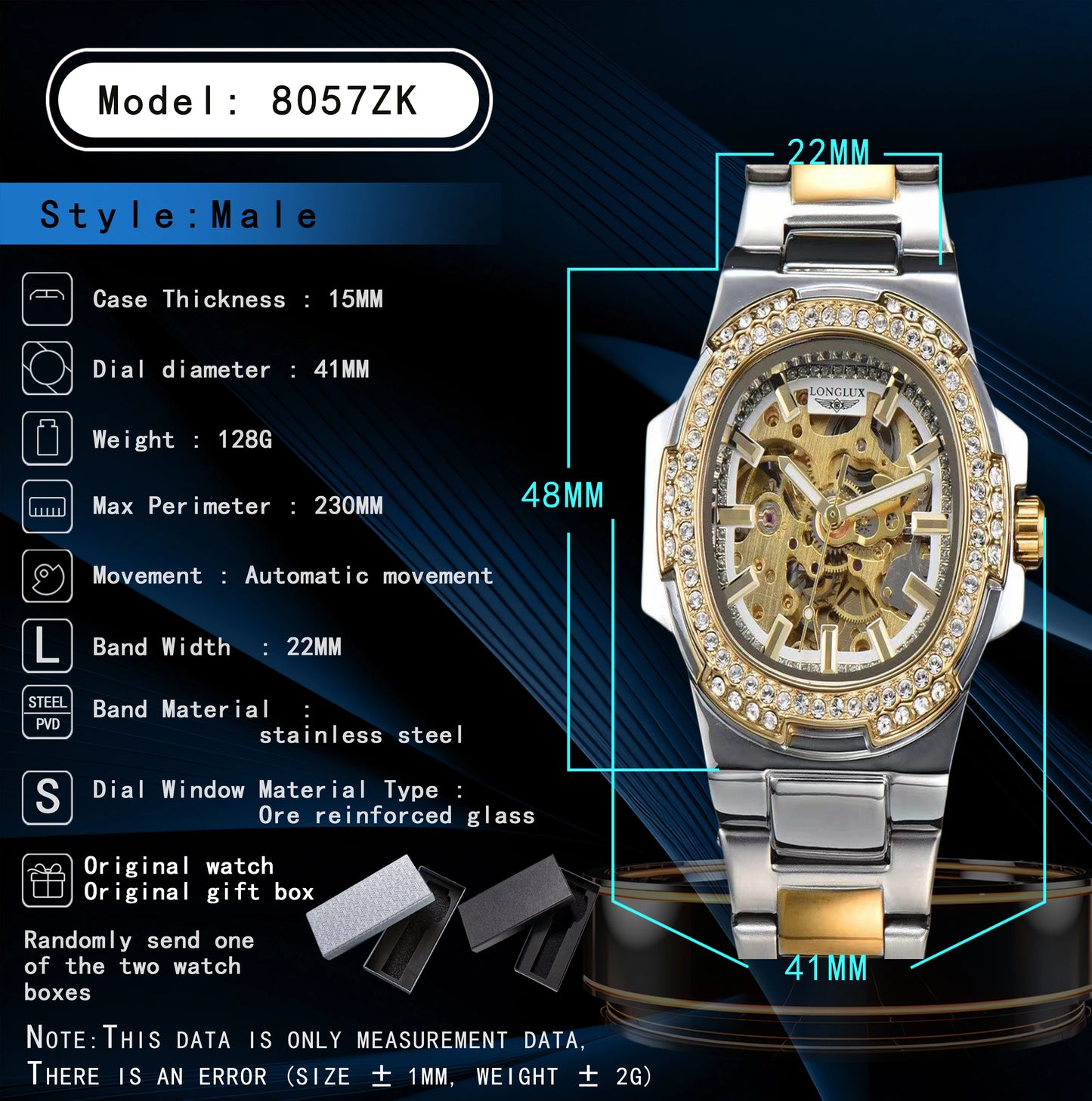 LONGLUX automatic man watch luxury stainless steel wholesale mechanical wristwatches skeleton waterproof diamond watch man watch