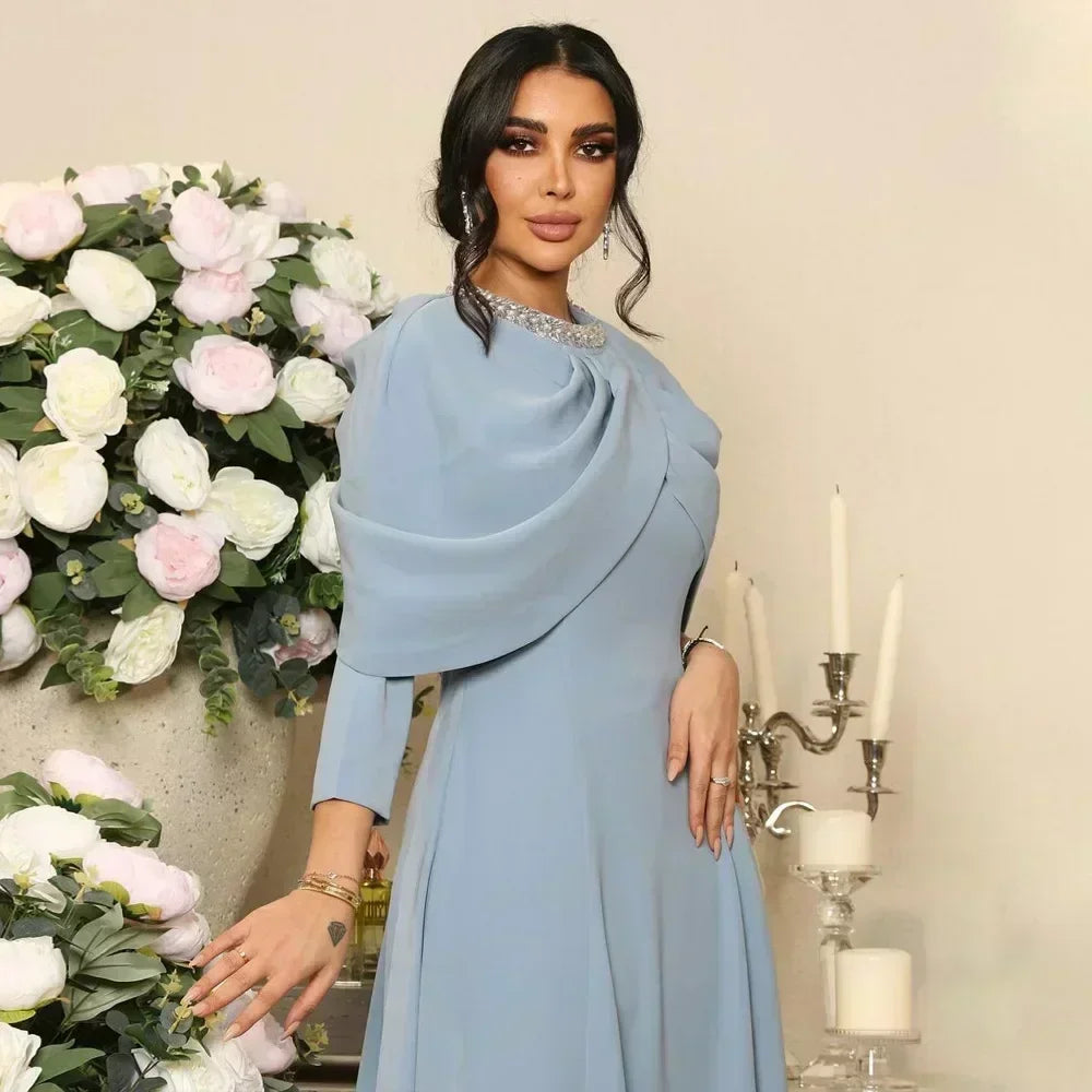 Muslim Shawl Collar Dress Women Long Robe Peals Sequins Round Neck Zip Gown Party Dresses A-Line Abaya Islam Fashion Pure Skirt