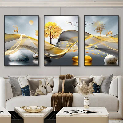 3 Pieces Nordic Luxury Ribbon Abstract Landscape Wall Art Canvas Paintings Modern Gold Deer Poster Print Picture for Home Decor