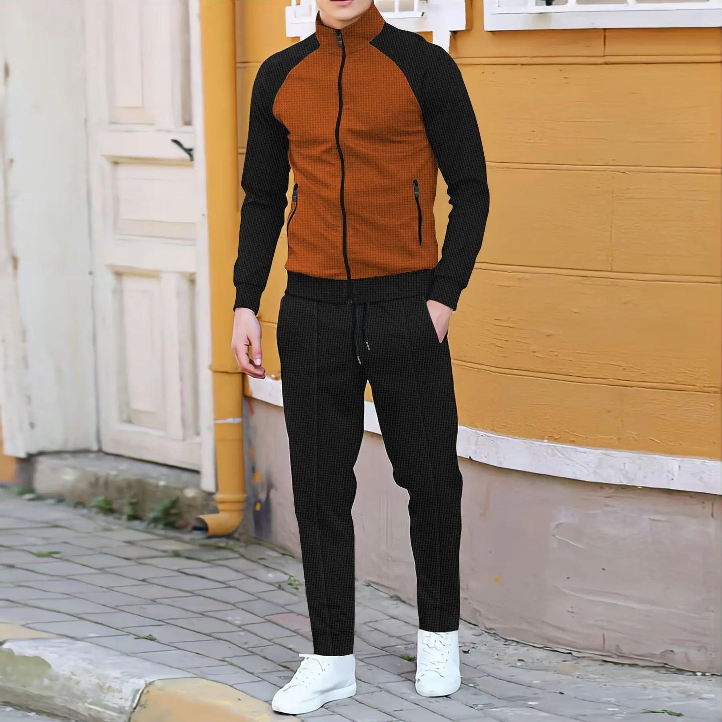 Spring and autumn men's casual suit fashion color contrast with rotator sleeve high neck jacket + trousers casual outdoor sports