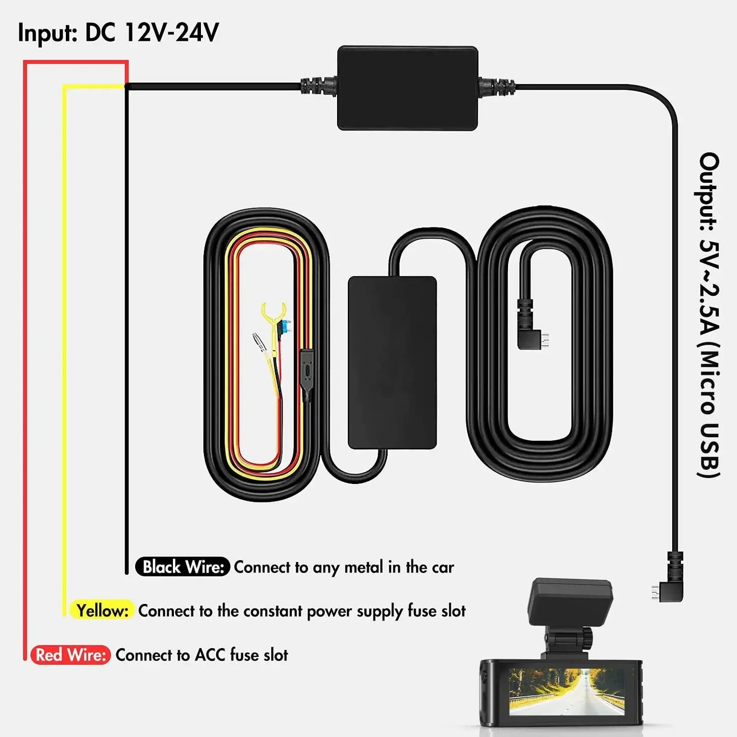 طقم أسلاك توصيل كاميرا TDash من REDTIGER F7N F9 F17 F7N مع منفذ USB C وكابل شاحن تسجيل DVR للسيارة 12 فولت - 24 فولت إلى 5 فولت ومجموعة 4 صمامات