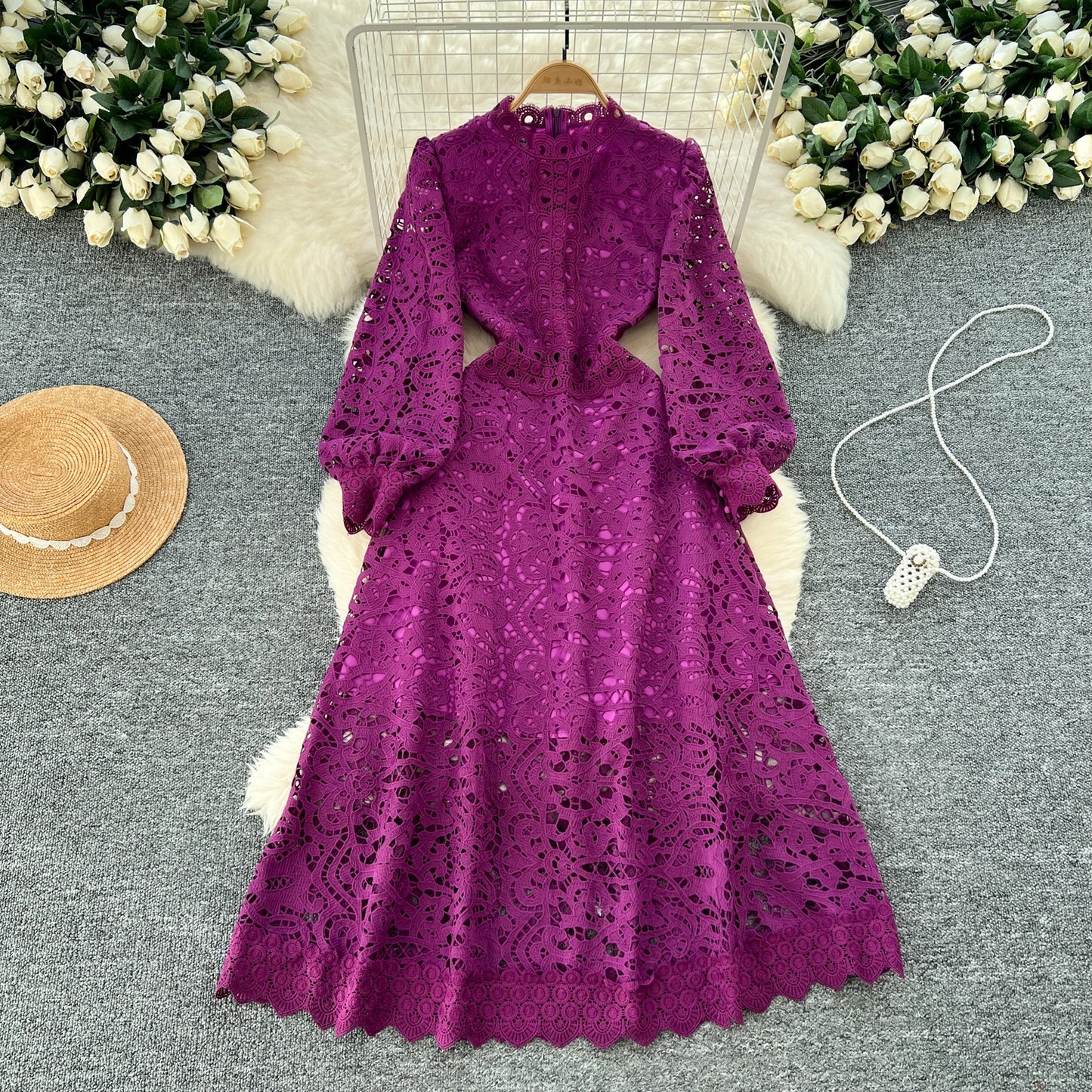 Elegant Long Lantern Sleeves Vintage O-neck Chic Hollow Out Hook Flower Slim Dresses Fashion Evening High Street Autumn Clothing