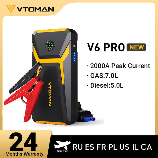 جهاز بدء تشغيل السيارة VTOMAN V6 Pro Power Bank 2000A شاحن بطارية السيارة جهاز تعزيز الطوارئ التلقائي جهاز بدء التشغيل