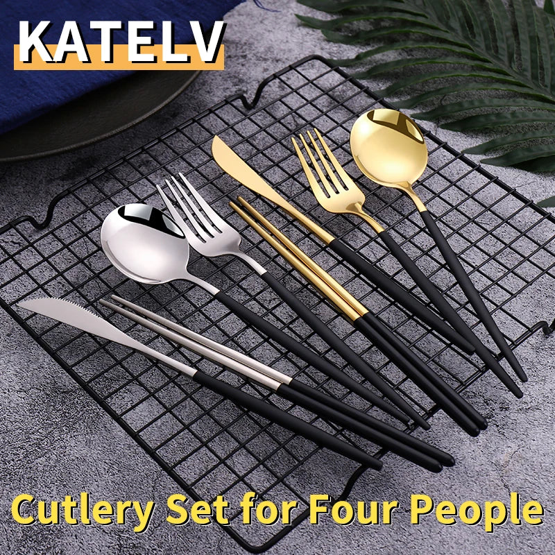 12-16 Pcs Black Gold Cutlery Set Chopsticks Knife Fork Spoon Golden Stainless Steel Korean Dinnerware Set Luxury Tableware Set