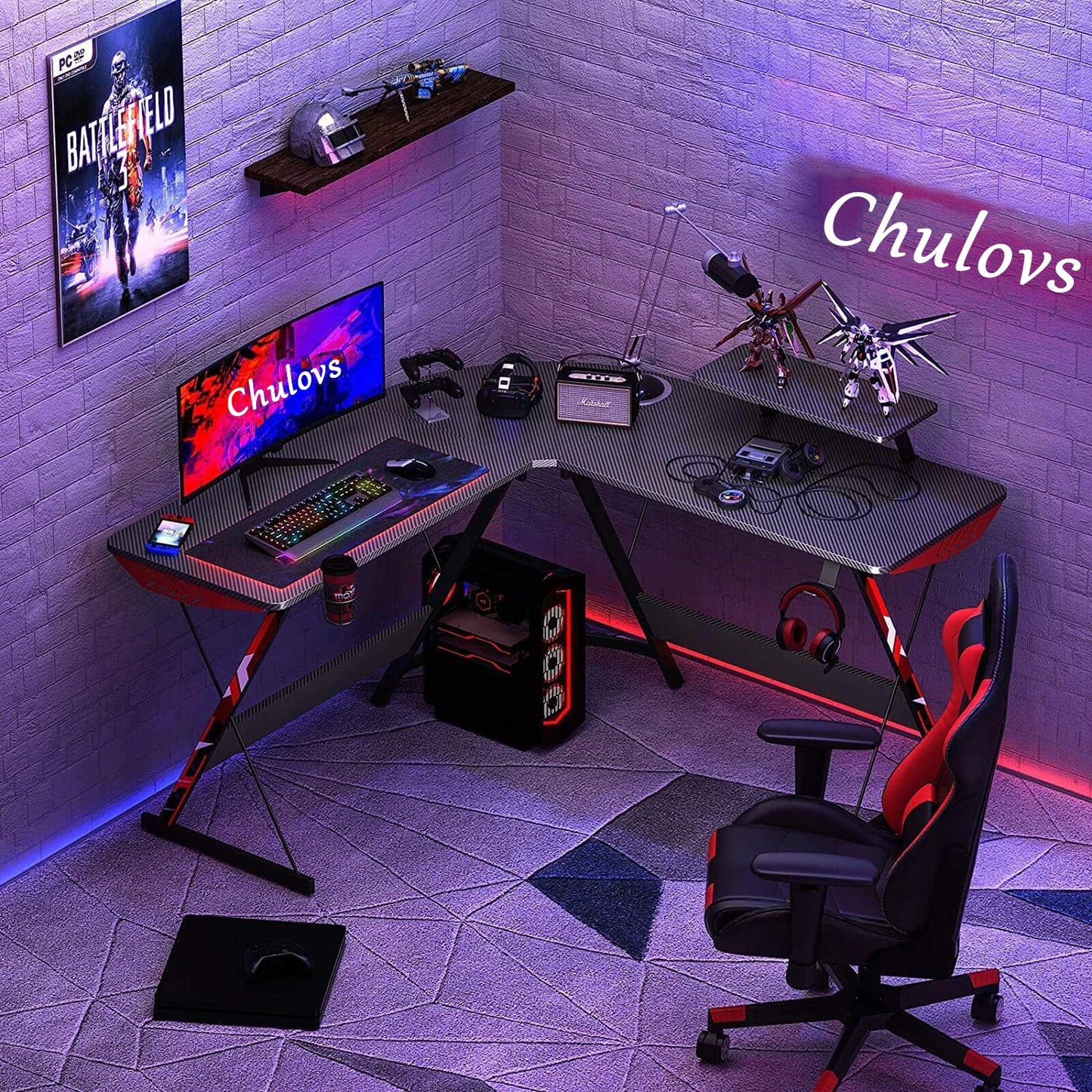 Chulovs L Shaped Gaming Desk 130cm L Shaped Desk, Carbon Fiber, Computer Corner Desk with Large Monitor Riser Stand for Home Off