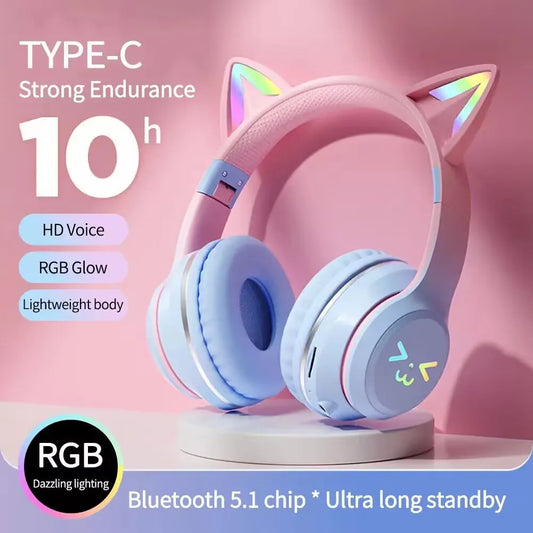 RGB Glow Portable Headphones Blutooth Controllable Light Cat Ear Noise Reduction Wireless Headphone Bluetooth Earphones Pc Gamer