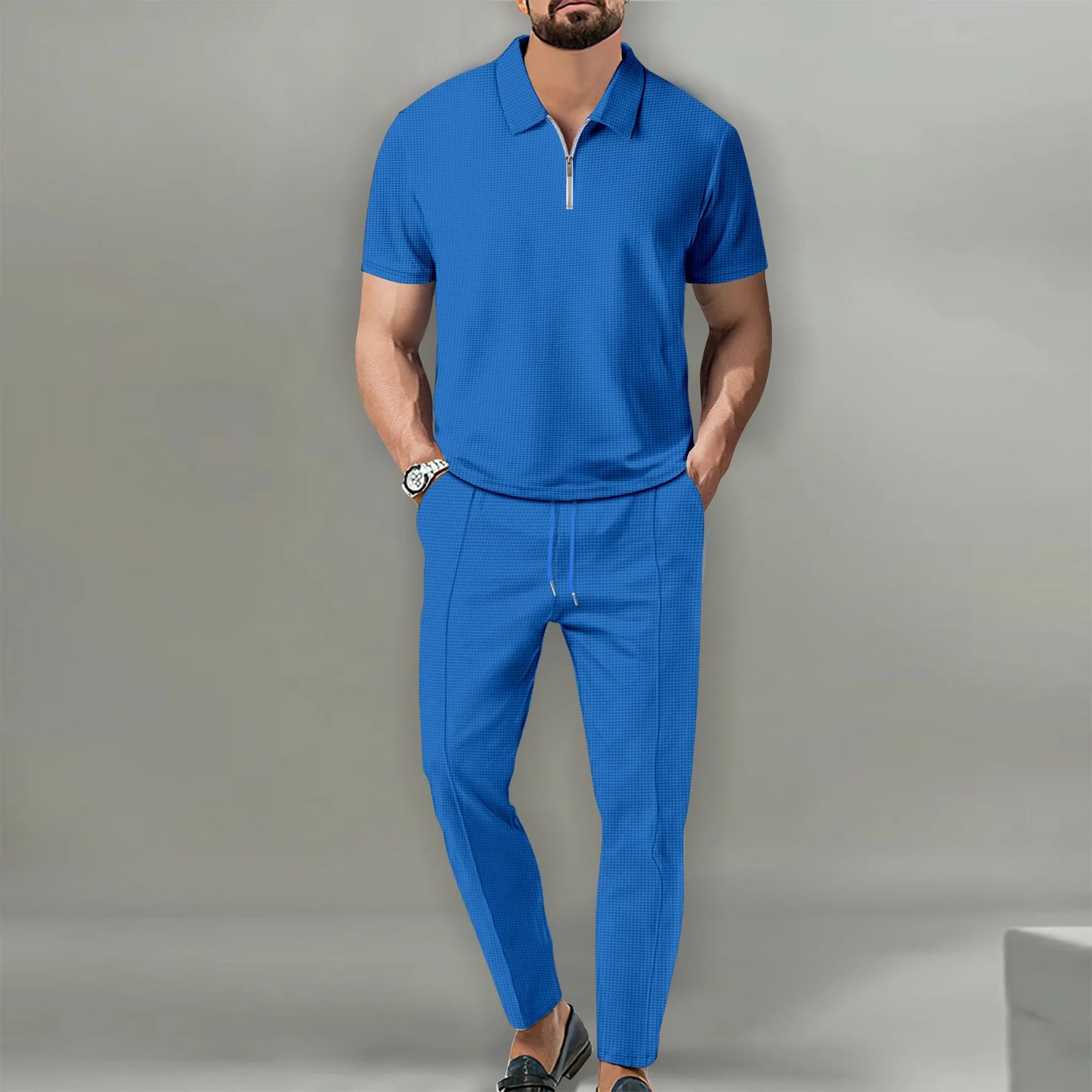 2024 The Best-Selling Spring And Summer New Men's Solid Color Waffle Collar Zipper Suit Outdoor Sports Golf Men Pants Clothing