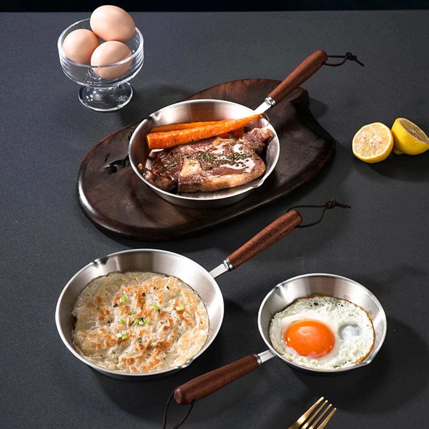 Wooden Handle Stainless Steel Kitchen Cookware Set - Nonstick Frying Pan, Butter Warmer, Egg Pot - Suitable for All Stovetops