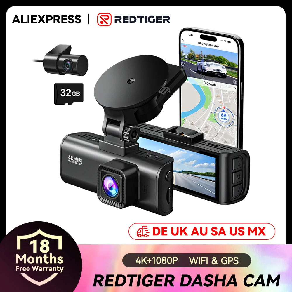 كاميرا REDITIGER 4K Dash Cam 1080P HD DVR للسيارة مدمجة بنظام تحديد المواقع العالمي (GPS) وواي فاي ونظام التشغيل أندرويد ومسجل فيديو للسيارة للقيادة التلقائية ورؤية ليلية