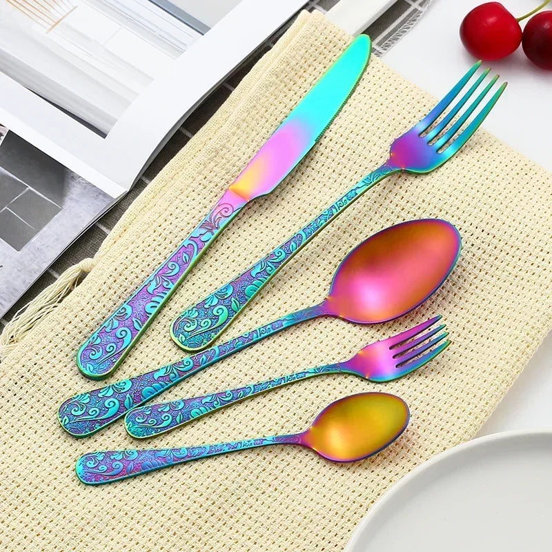 Elegant Western Tableware Set Golden Phoenix Pattern Stainless Steel Spoon and Fork Set Retro Relief Luxury Cutlery Home Decor