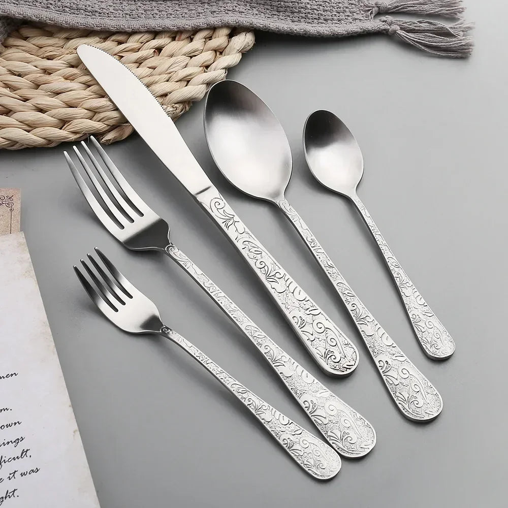 Elegant Western Tableware Set Golden Phoenix Pattern Stainless Steel Spoon and Fork Set Retro Relief Luxury Cutlery Home Decor