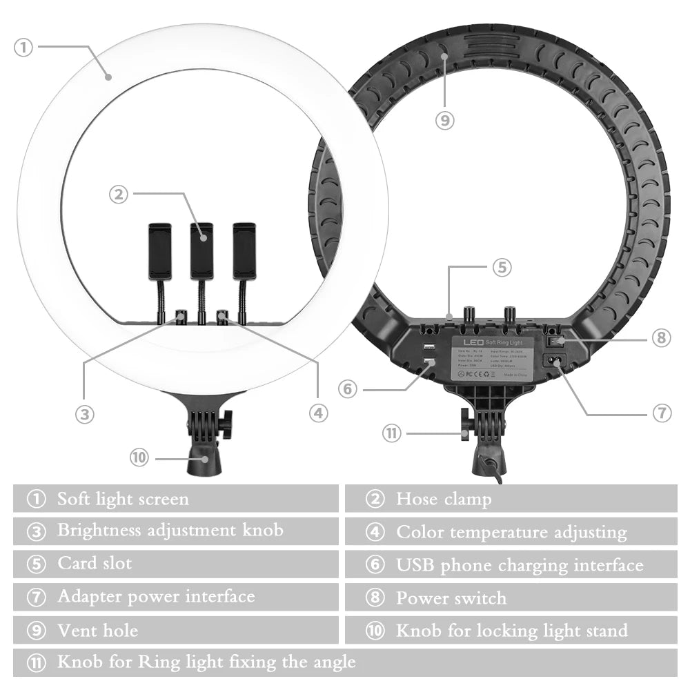 Photography 18 inch Ring Light LED Large Selfie Video Remote Control NO Tripod Stand Phone  YouTube Live Lighting Photo Studio