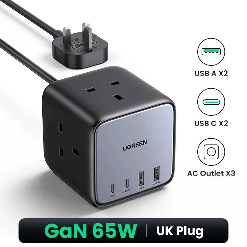 Ship from Saudi Arabia，UGREEN 65W UK Plug Power Strip Fast GaN Charger for Power Strip Charging Station