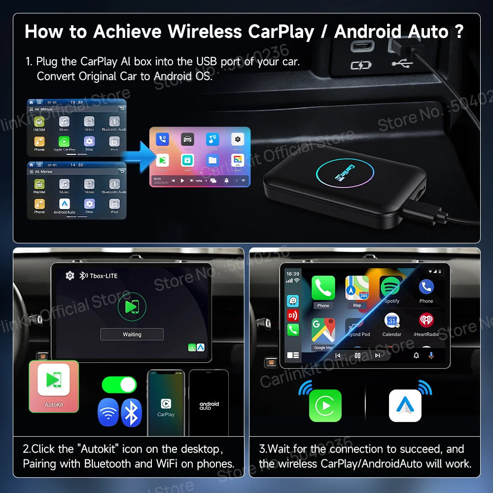 محول CarlinKit Android TV Box اللاسلكي لـ Android Auto وCarplay AI Box ومتجر Play المدمج لـ Youtube وNetflix وتوصيل تلقائي سريع