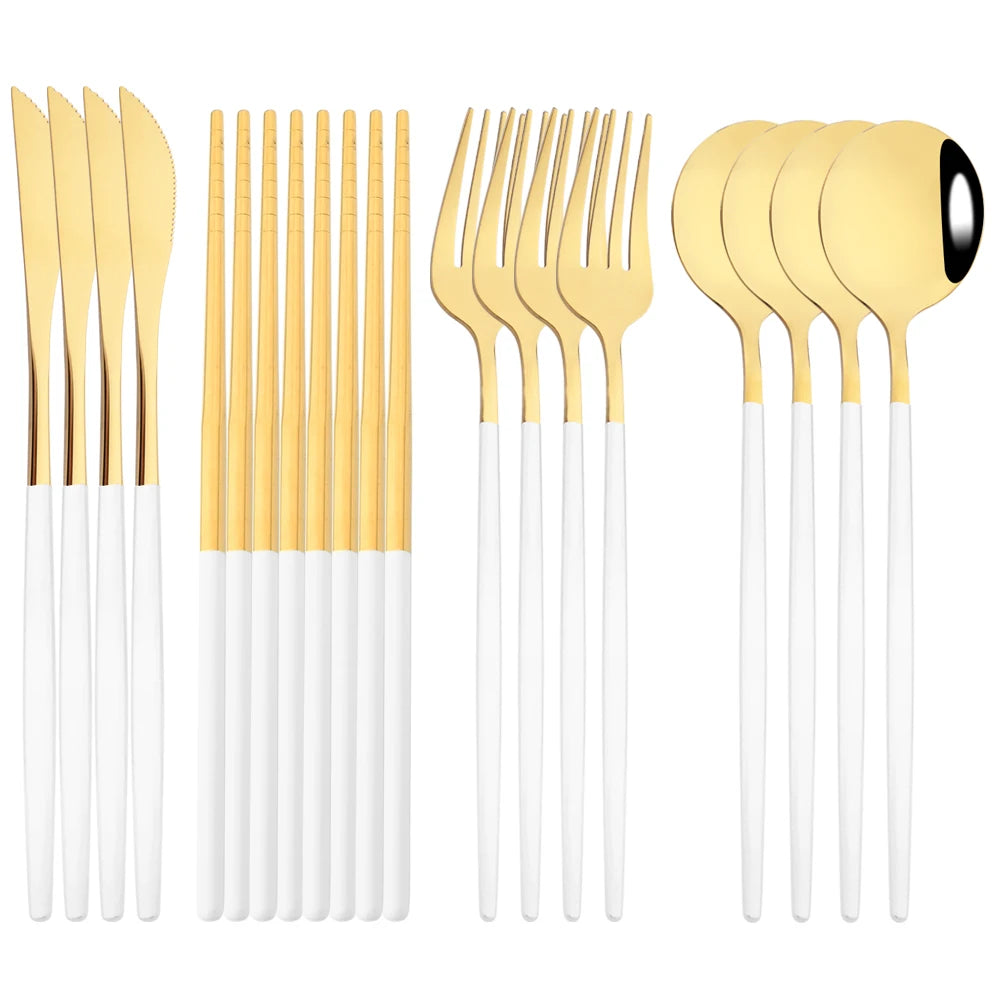 12-16Pcs Chopsticks Knife Fork Spoon Cutlery Set Green Gold Dinnerware Set Luxury Stainless Steel Flatware Korean Tableware Set