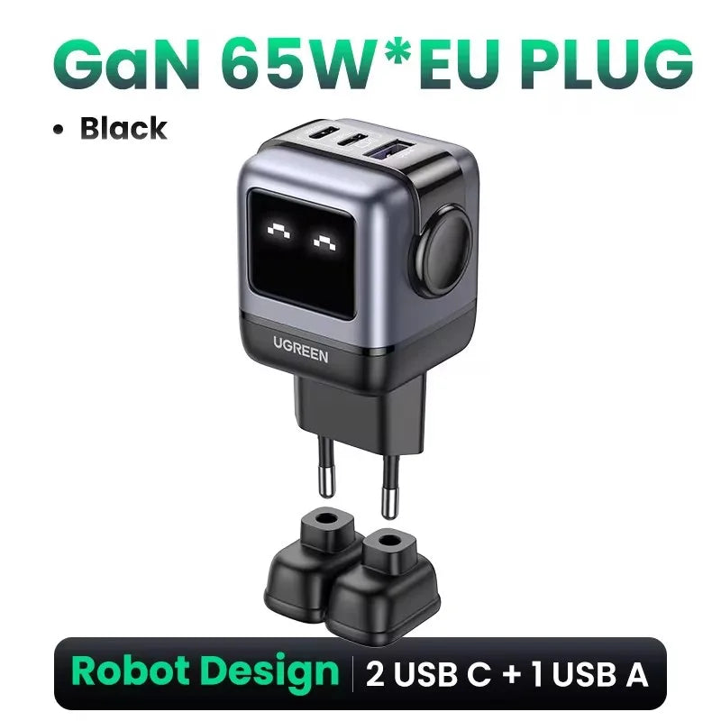 New！UGREEN 65W GaN Charger Robot Design Quick Charge 4.0 3.0 PPS PD Fast Charger for iPhone 16 15 14 Pro Macbook  Laptop Tablet