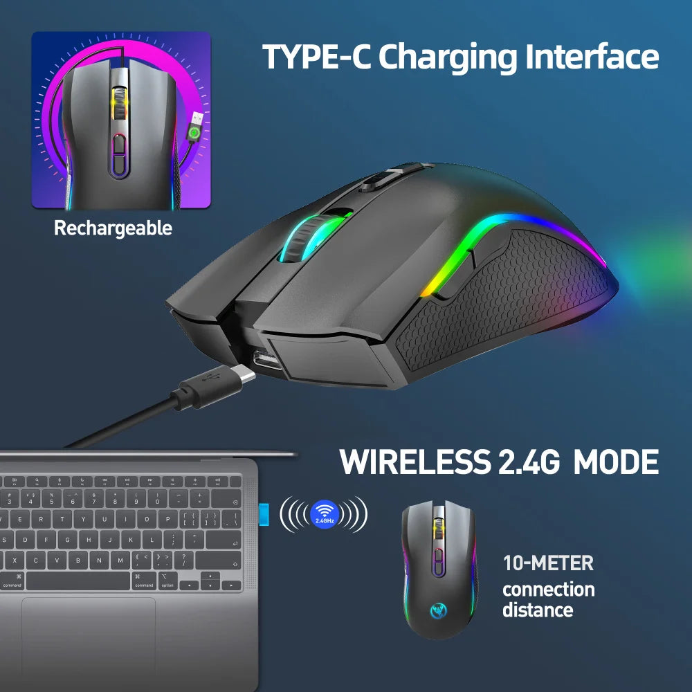 HXSJ T69 ergonomics Portable Cordless 2.4G Rgb Wireless gaming Mouse Laptop Computer Wireless Mouse for game pc