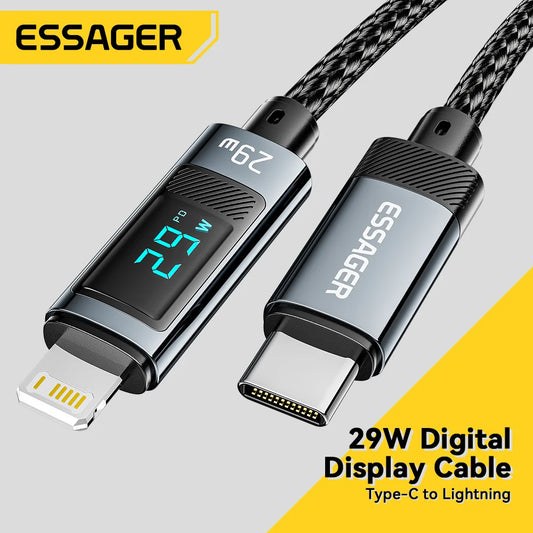 كابل Essager USB Type C لهاتف iPhone 14 13 12 11 Pro Max PD 29W سلك شحن سريع لكابل شاحن iPhone كابل شاشة رقمية