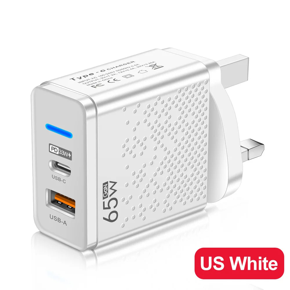 LED 65W USB-A + USB-C Fast PD Charger for iPhone Samsung Xiaomi Huawei Redmi Honor POCO USB Wall Charger Power Adapter EU/US/UK