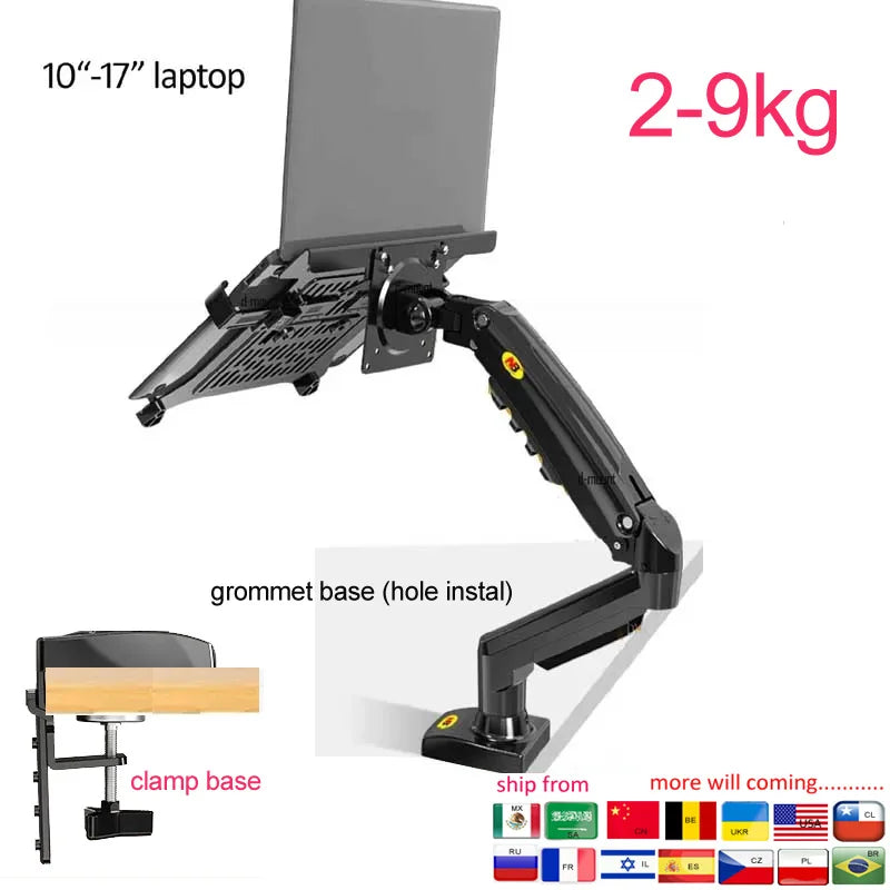 NB F80 + FP-2 full motion 360 rotate pivot 2-9kg gas spring arm 10"-17" laptop tray desktop stand clamp 10-90mm grommet hole