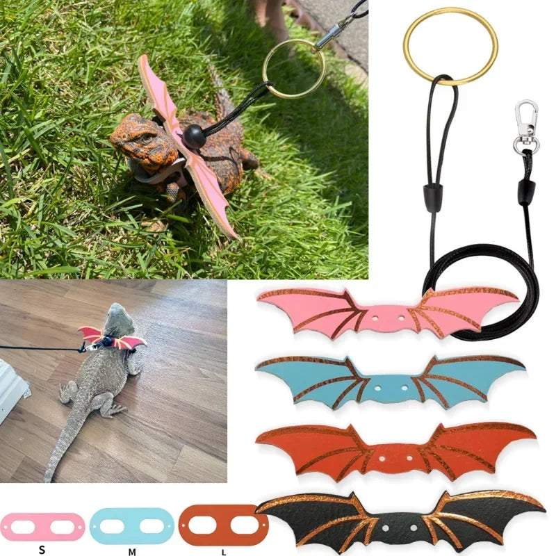 Adjustable Bearded Dragon Leash With Bat Wings Soft Leather  Harness  Amphibians And Other Small Reptile Dog choke collar Puppy