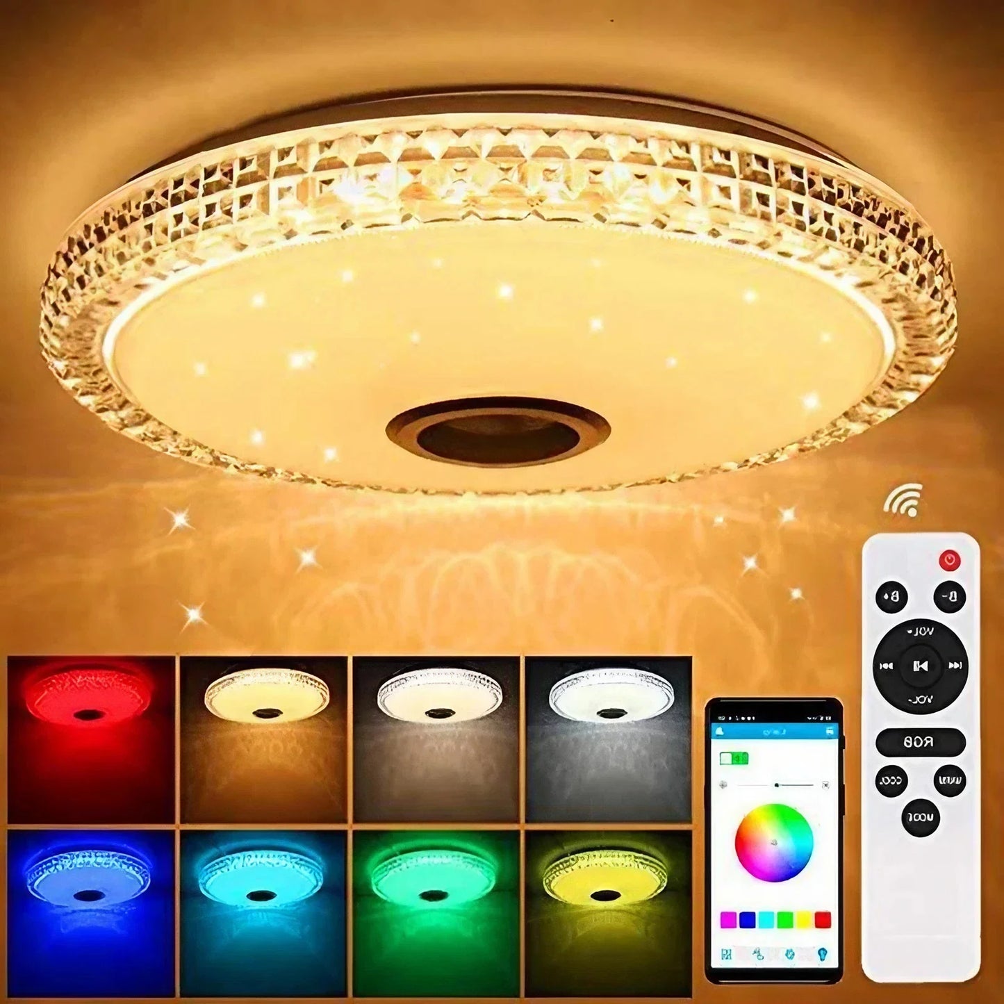 مصباح ذكي 300 واط لإضاءة السقف RGB LED مع خاصية التحكم عن بعد ومكبر صوت بلوتوث وإضاءة محيطية للمنزل وغرفة النوم وغرفة المعيشة