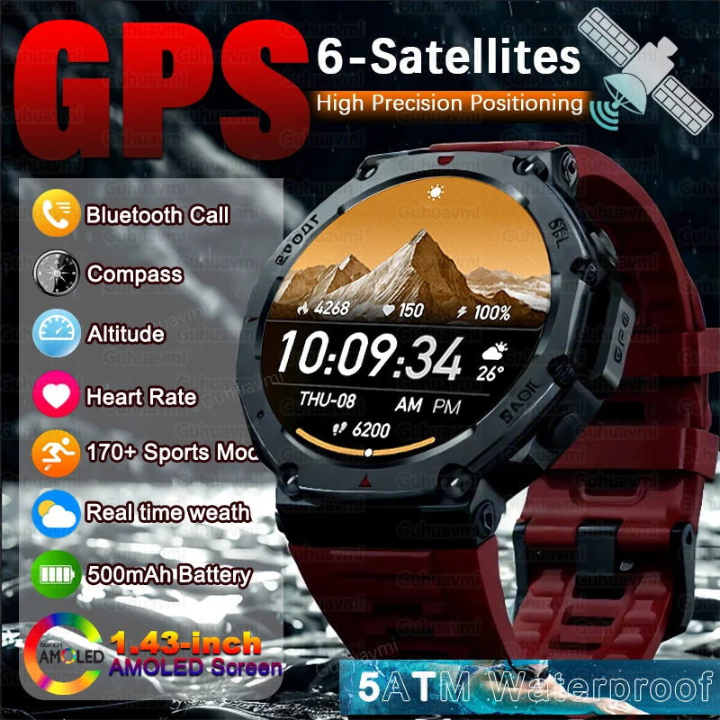 2025NEW GPS Smart Watch 5ATM Waterproof Outdoor Rugged Military Compass 170+ Sports Mode 1.43'' AMOLED Screen BT Call Smartwatch