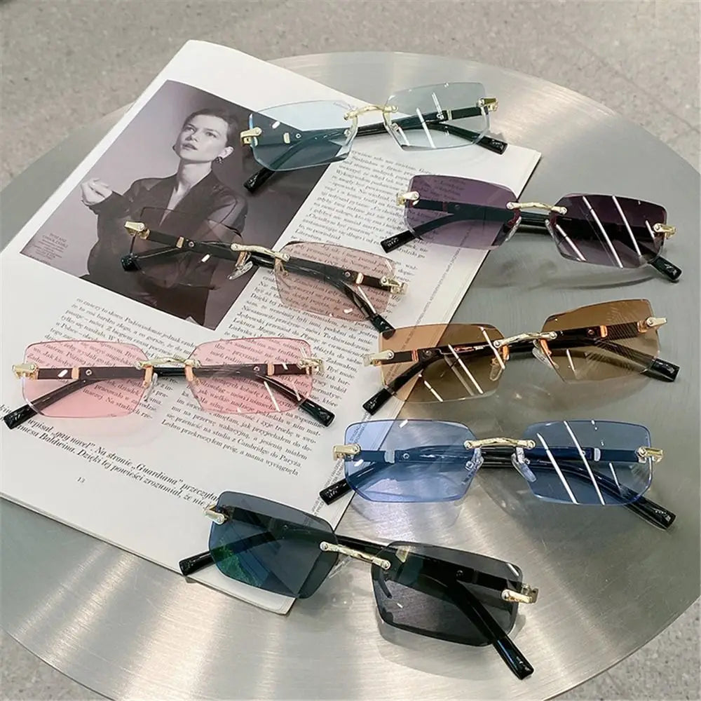 Trendy Rimless Rectangle Sunglasses Men Women 2024 Fashion New in Vintage Shades Eyewear Brand Design Ocean Lenses Sun Glasses